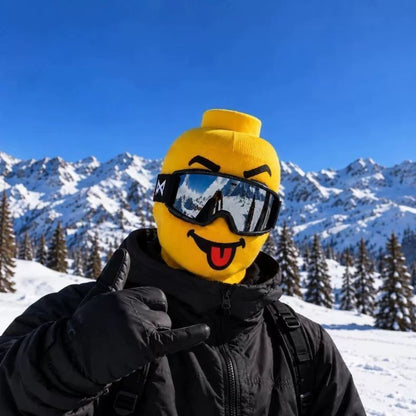 🏂😎 Gele Ski-masker met Grappig Bouwsteenfiguur – Voor Wintersport