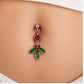 🎄 Kerst Navelpiercing – Sprankelende Rode Steen & Groene Hulstblaadjes ❤️💚✨
