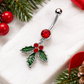 🎄 Kerst Navelpiercing – Sprankelende Rode Steen & Groene Hulstblaadjes ❤️💚✨