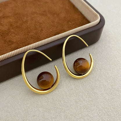 ✨🐯 French Vintage Tiger Eye Drop Hoop Earrings – Gold-Plated