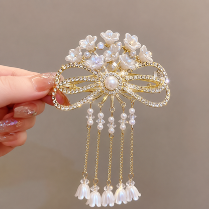 🎀 Elegant Lily of the Valley Bow Tassel Hair Clip with Pearls ✨