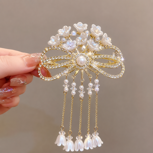 🎀 Elegant Lily of the Valley Bow Tassel Hair Clip with Pearls ✨