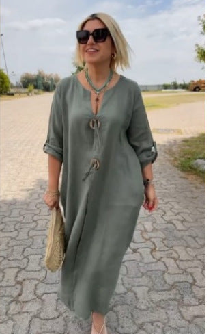 🎁👗Cotton and linen dress with a V-neck