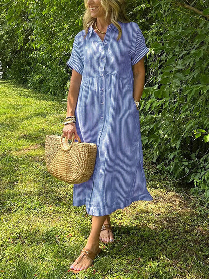 【🔥 Today's Super Low Price】Striped Cotton Linen Short Sleeve Dress