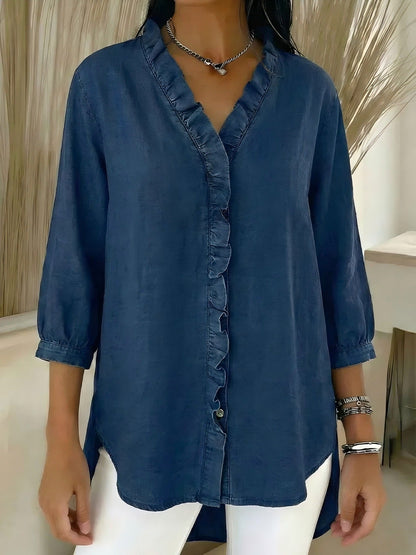【🔥 Today's Super Low Price】Women's Casual Denim Shirt with Ruffles and V-Neck.