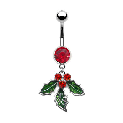 🎄 Kerst Navelpiercing – Sprankelende Rode Steen & Groene Hulstblaadjes ❤️💚✨