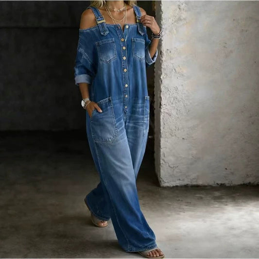👖💥 Macacão Jeans Feminino Casual de Manga Longa, com Vários Bolsos e Alta Qualidade