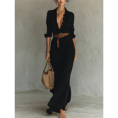 【🔥 Today's Super Low Price】Women's Blouse with Collar and Long Sleeves, Maxi Dress with Belt